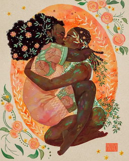 Illustration of two dark-skinned women kissing and embracing surrounded by flowers and warm orange tones