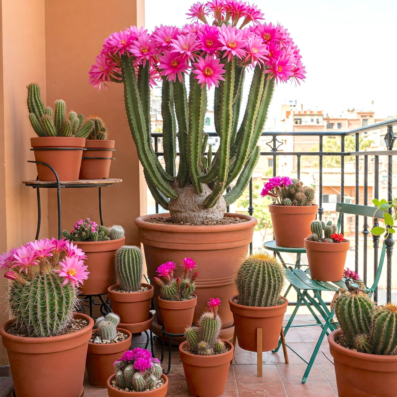 Potted cacti with bright pink blooms arranged on a sunny balcony patio