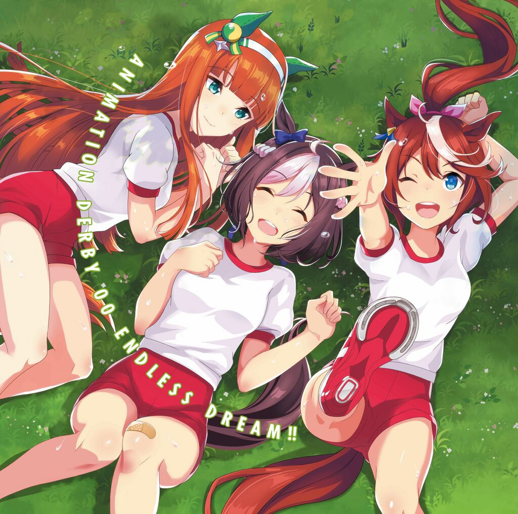 Three anime girls with orange, brown, and red hair resting on grass wearing matching outfits