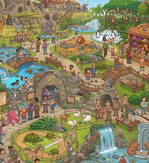 Detailed cartoon fantasy village with bridges, waterfalls, gardens, and many characters exploring colorful pathways