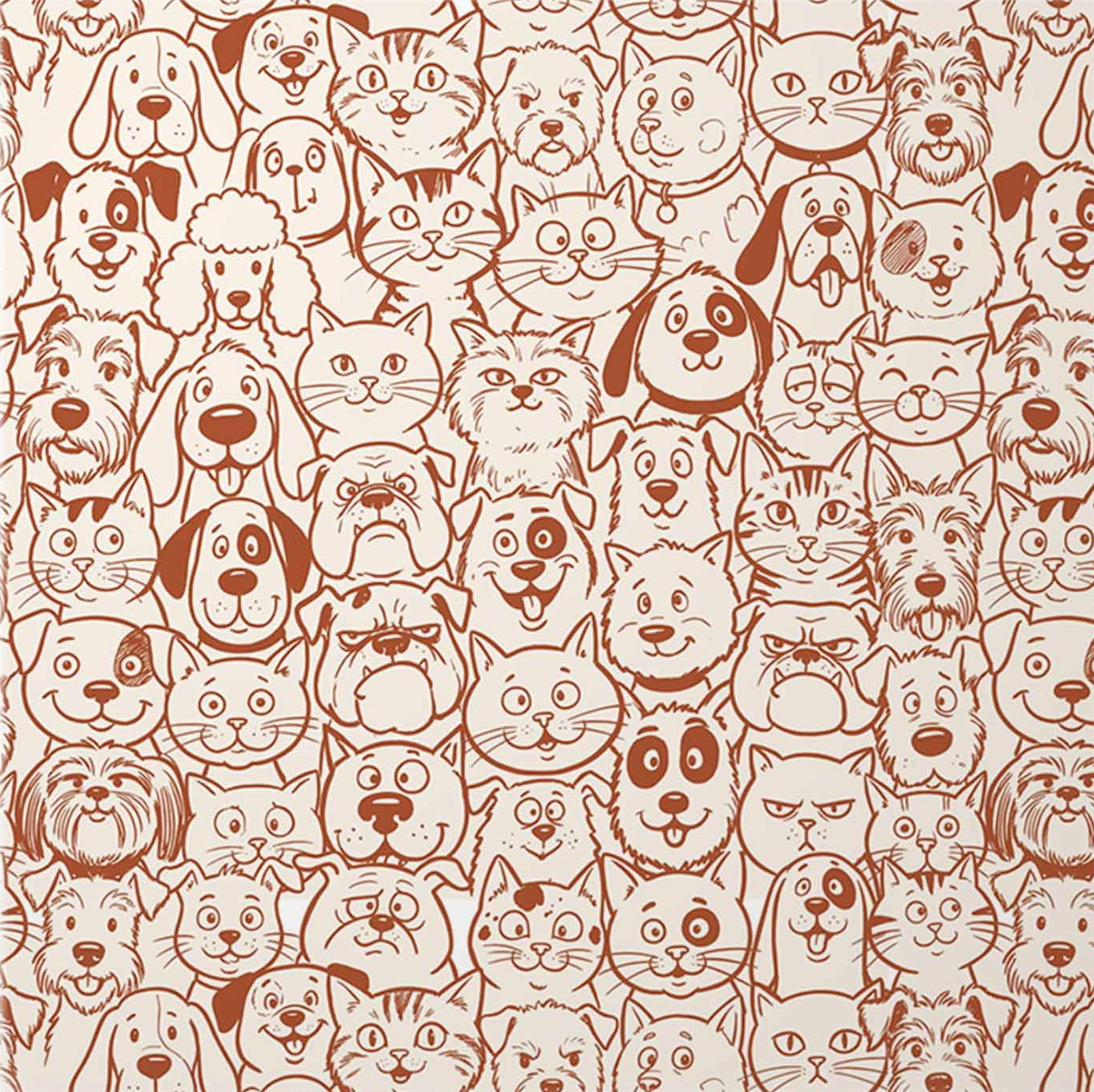 Pattern of numerous cartoon cat and dog faces drawn in brown lines on beige