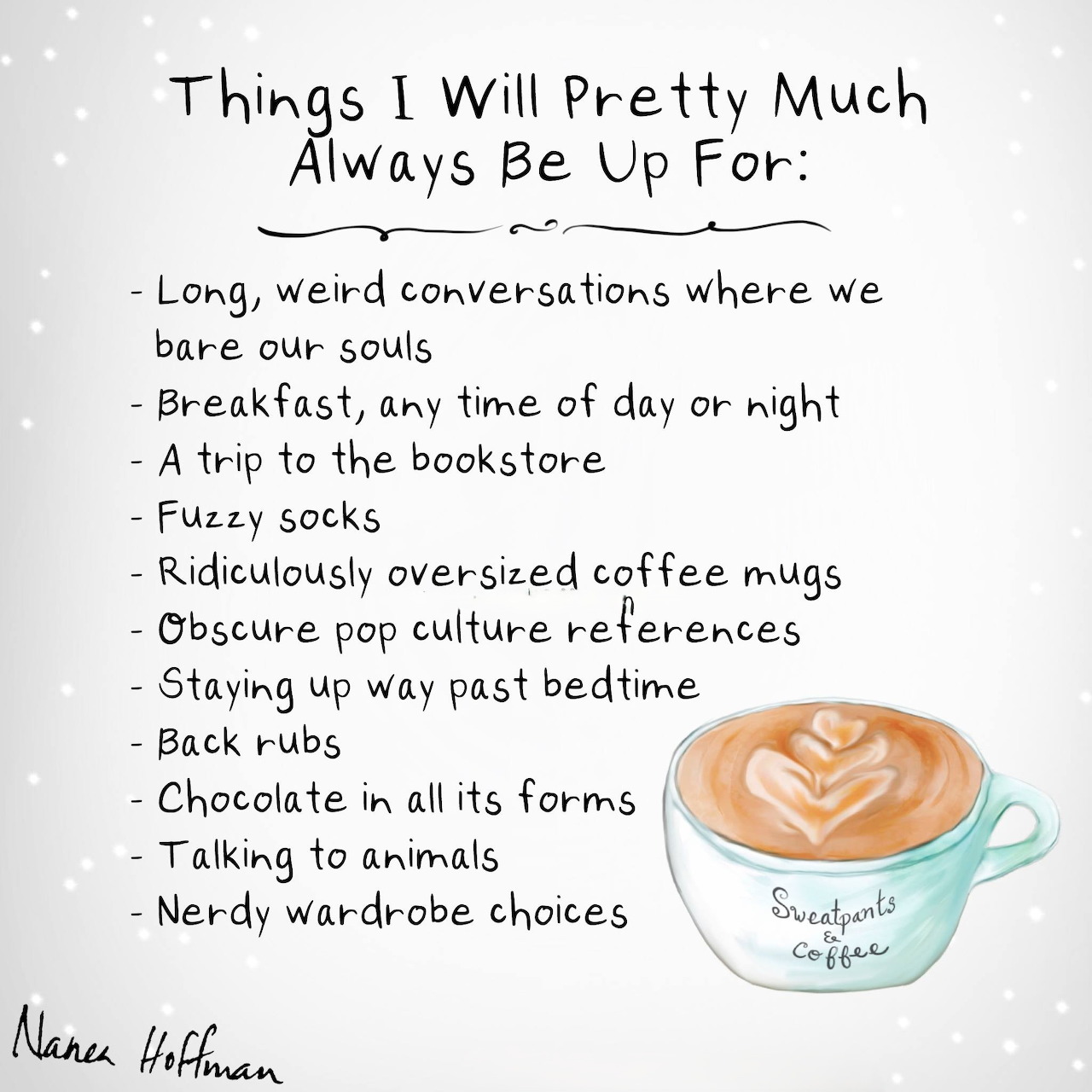 Handwritten quote list with an illustrated coffee cup on a gray background