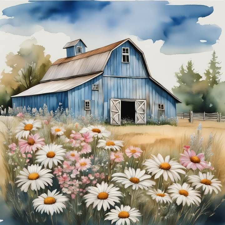 Blue Barn with Wildflowers
