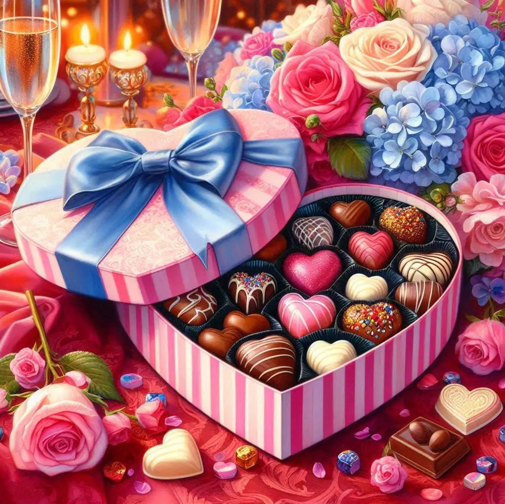 Heart-shaped box of assorted chocolates with roses, hydrangeas, champagne glasses and candles