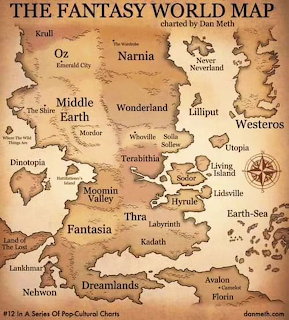 Fantasy map showing fictional worlds like Narnia, Middle Earth, and Wonderland on aged parchment with compass rose