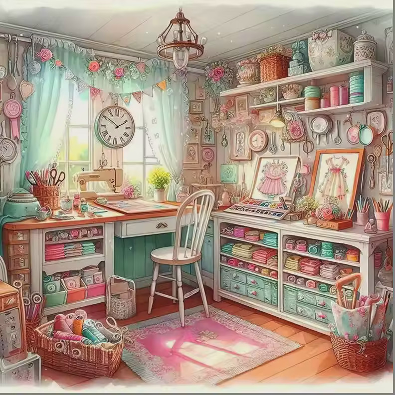 Cozy vintage craft room with pastel shelves, desk by window, and floral wallpaper