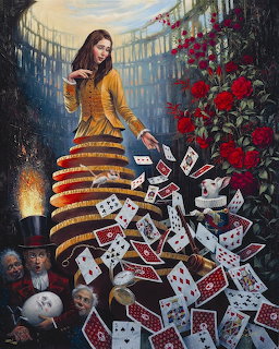 Woman in golden striped dress surrounded by floating playing cards and red roses in surreal painted scene