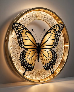 Golden glowing butterfly with detailed shimmering wings on dark background