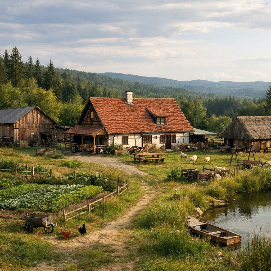 Rural farm with traditional house, garden, pond and forested mountains