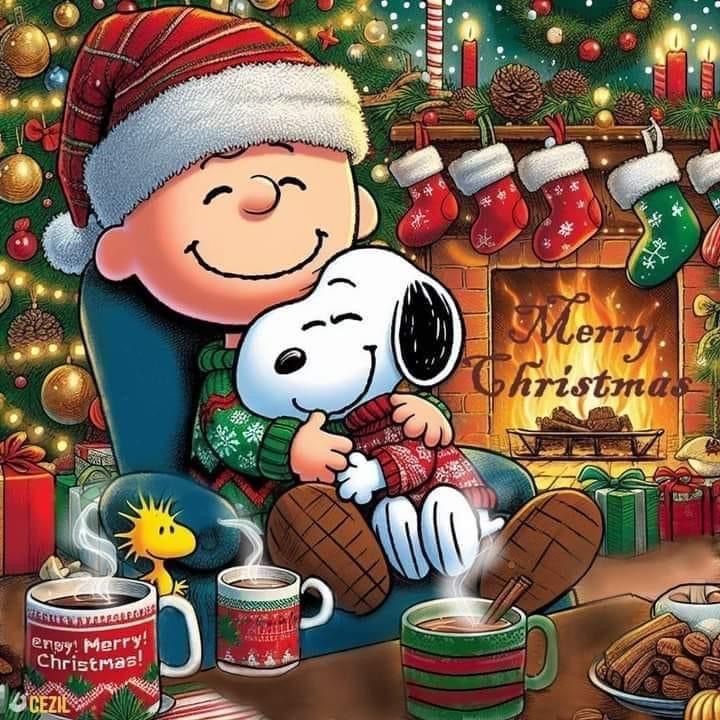 Charlie Brown in Santa hat with Snoopy and Woodstock in front of Christmas tree with ornaments and gifts