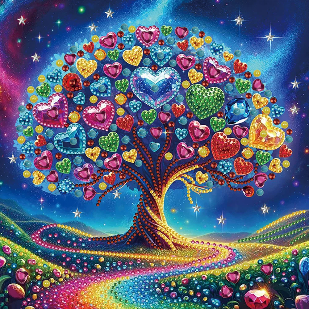 Colorful tree with heart-shaped leaves in dotted art style against starry sky