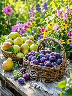 Baskets of purple plums and green pears on a garden table surrounded by colorful flowers