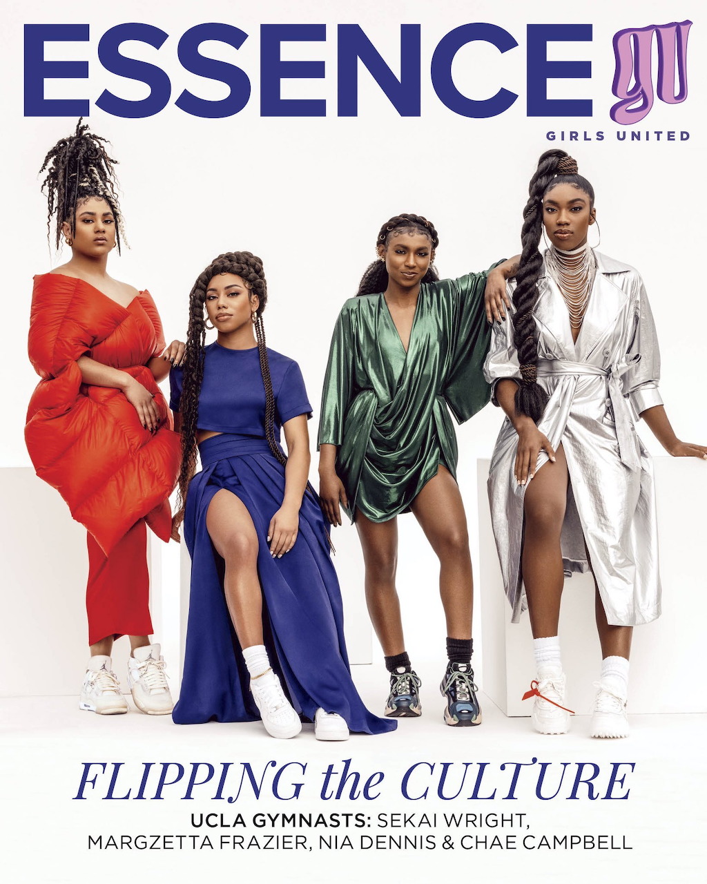 Four UCLA gymnasts posing in colorful elegant outfits on Essence Girls United magazine cover