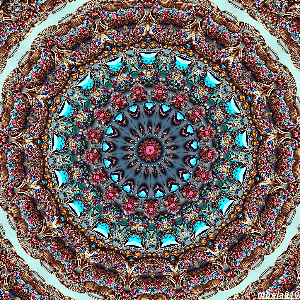 Circular mandala with turquoise, brown and pink geometric patterns in radial symmetry