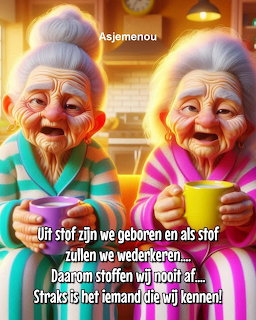 Cartoon of two elderly women with white hair holding purple and yellow mugs indoors
