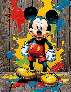 Mickey Mouse in classic costume standing in front of colorful paint splashes on wood