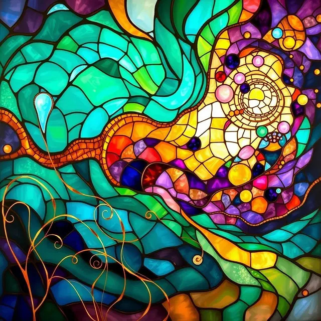Colorful stained glass art with swirling turquoise and purple mosaic patterns
