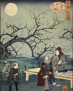 Japanese woodblock print of people viewing plum blossoms under full moon near water