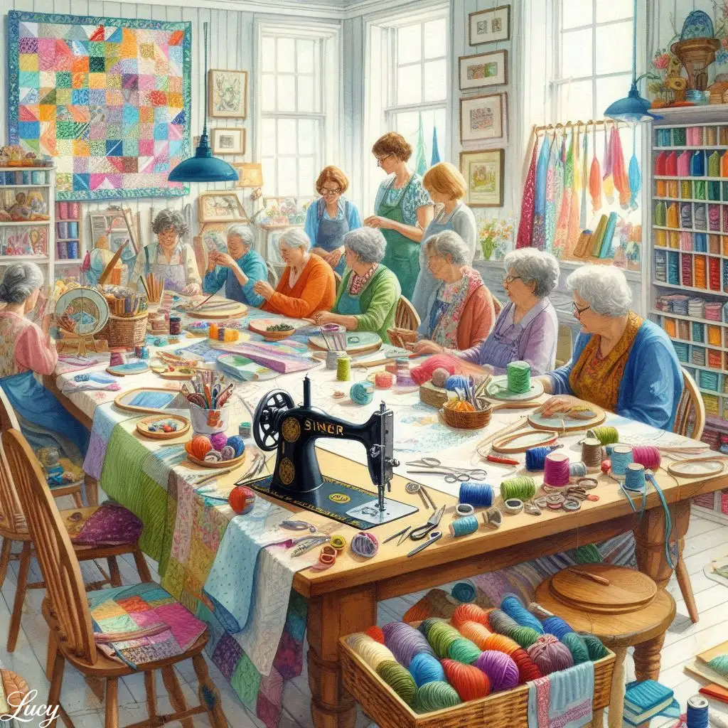 Group of people quilting together in a sunlit studio filled with colorful fabrics and sewing supplies