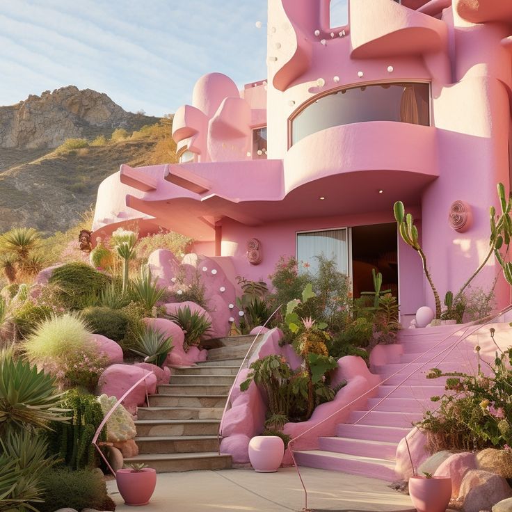Pastel pink house with curved balconies, stairs, cacti, and desert plants near a mountain