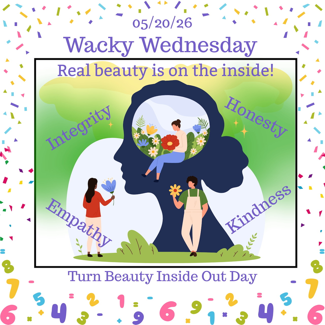 Colorful poster with a woman's silhouette, flowers, small figures, and positive words around it