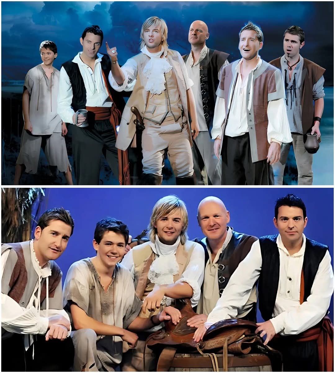 Two group photos of male performers in pirate-style stage costumes on a theatrical set