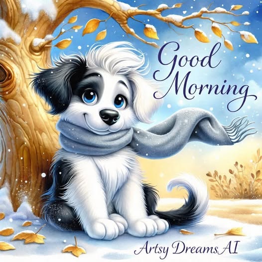 Illustrated black and white puppy wearing a blue scarf in a snowy winter scene with Good Morning text