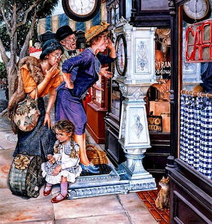 Vintage illustration of women and a child looking into a shop window beside a tall grandfather clock on a sidewalk