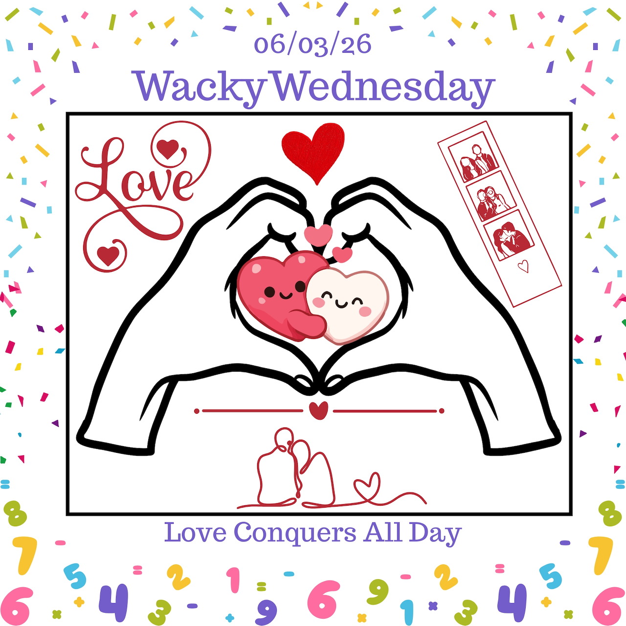 Two hands forming heart shape with smiling heart characters and decorative confetti border