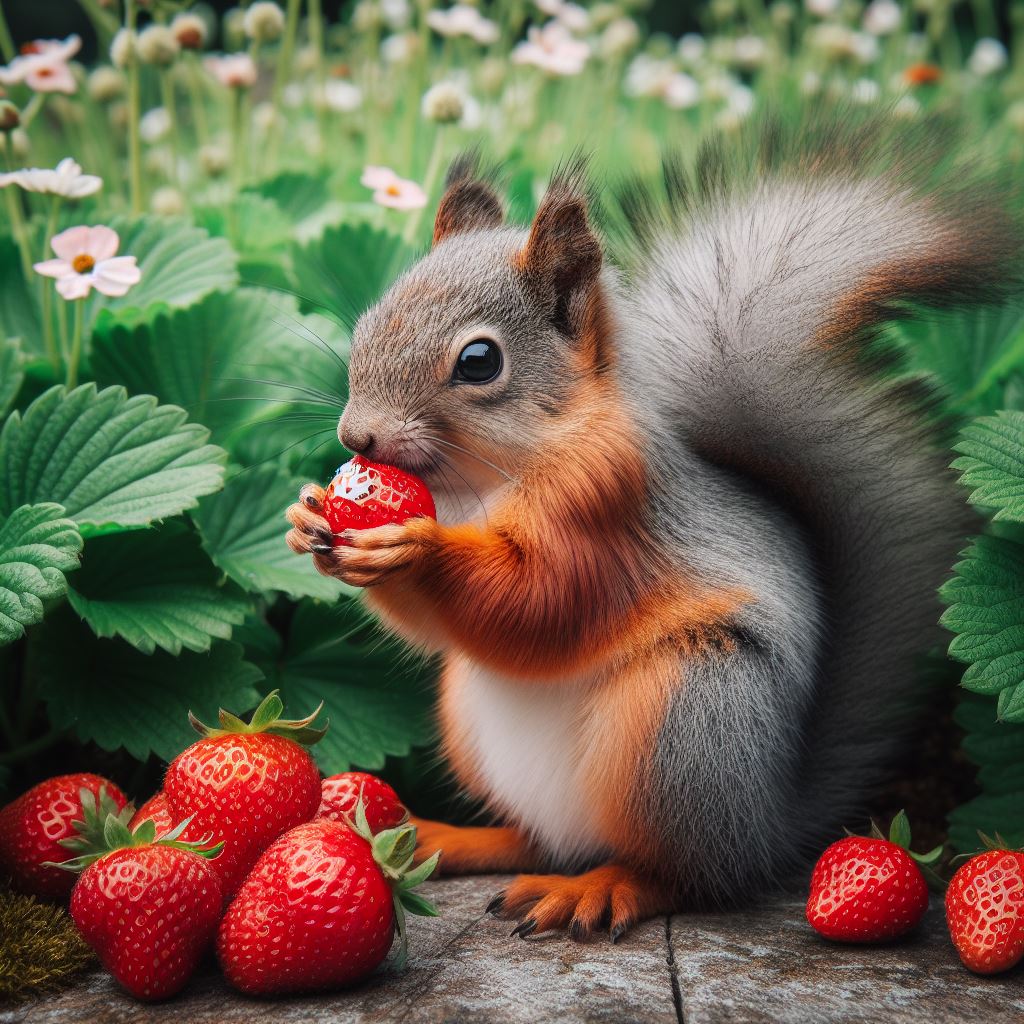 Squirrel with bushy tail eating a strawberry surrounded by more strawberries and strawberry plants
