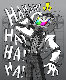 Cartoon character with TV head laughing evilly, wearing a suit with gloves and cables, colorful test pattern on screen