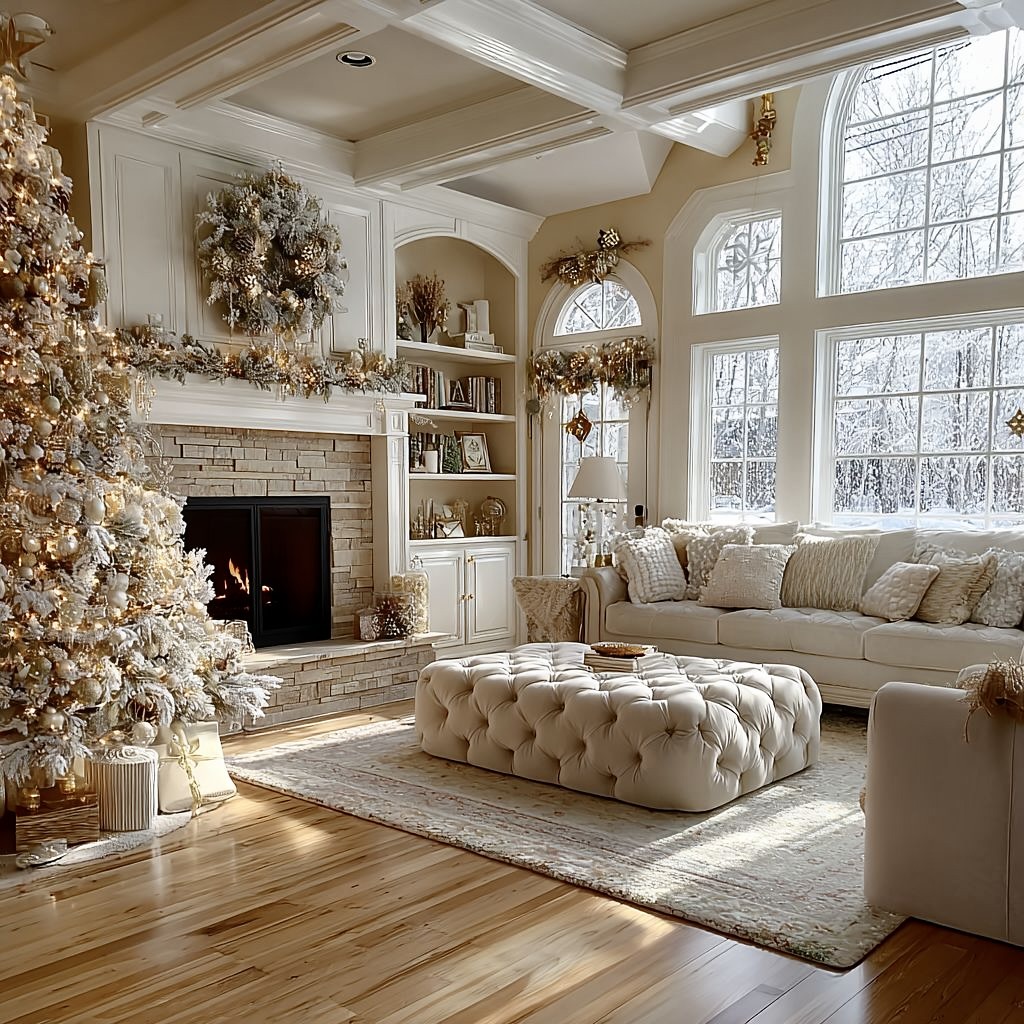 Elegant white Christmas living room with decorated tree, fireplace, and large windows overlooking winter scene