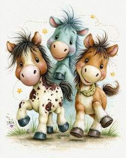 Three cute cartoon ponies with big eyes sitting together, surrounded by small yellow stars on a light background