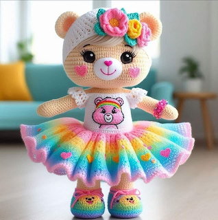 Colorful crochet amigurumi bear doll wearing a rainbow tutu skirt and flower headband