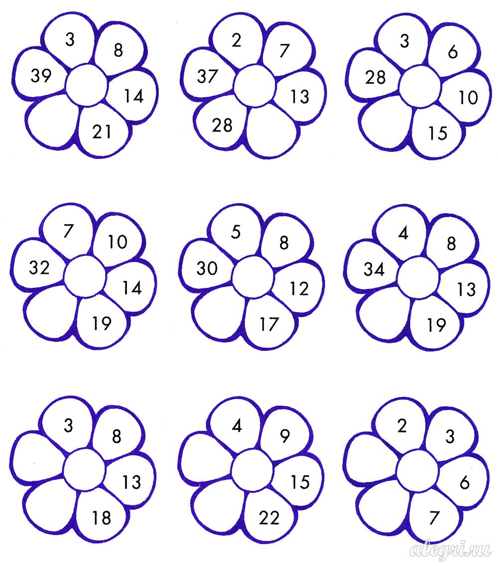 Nine blue outlined flowers with numbers on petals arranged in a 3x3 grid