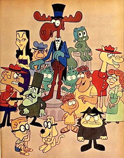 Illustration of Rocky and Bullwinkle cartoon characters grouped together including mose, squirrel, and supporting cast