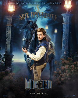 Wicked movie poster showing man in period costume with book under ornate archway with lanterns