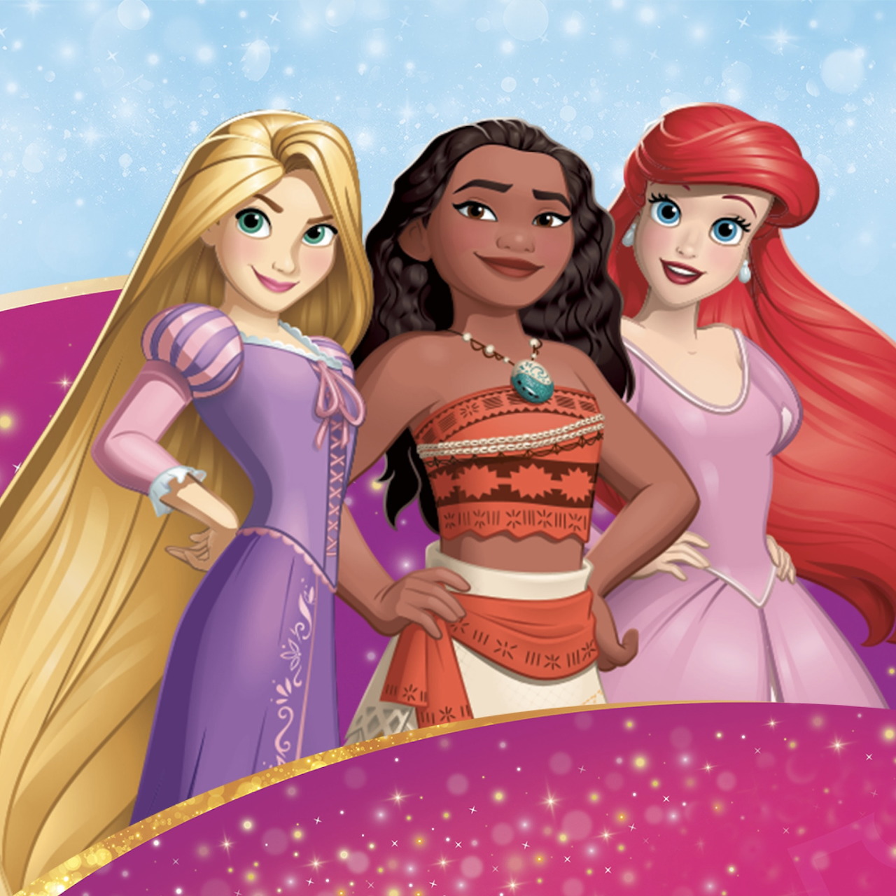 Illustration of Rapunzel, Moana, and Ariel standing together in colorful dresses