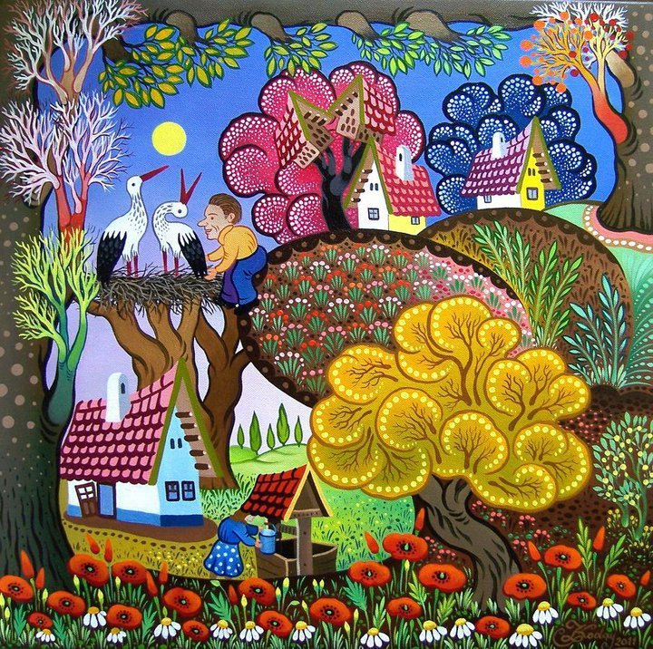 Colorful folk art scene with patterned trees, village houses, flowers, and decorative elements