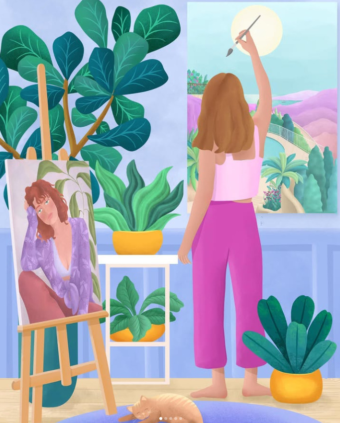 Illustrated woman painting at an easel indoors with houseplants and a sleeping cat
