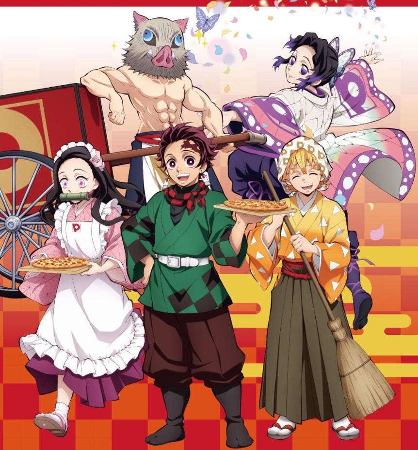 Demon Slayer characters in colorful costumes serving pizza beside a red cart.