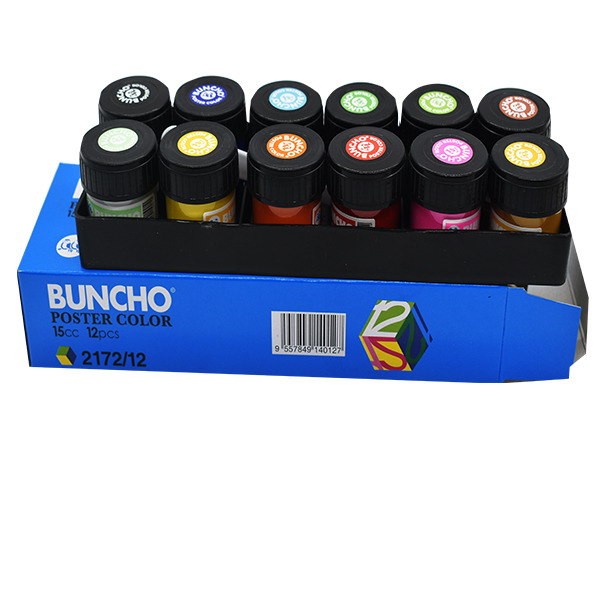 Blue box with small jars of poster color paint on a white background