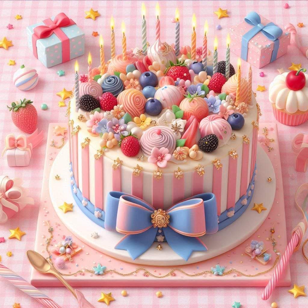 Pastel pink birthday cake with candles, berries, candies, and gift boxes on a decorated table