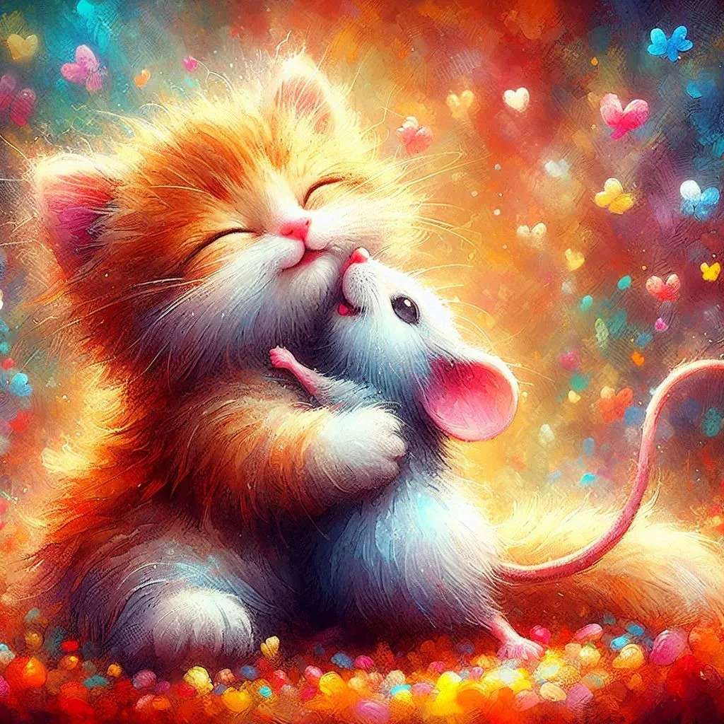 Orange kitten and white mouse nuzzling affectionately surrounded by colorful hearts and sparkles