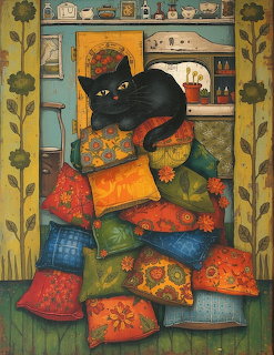 Black cat sitting on stack of colorful decorative pillows in folk art style kitchen scene