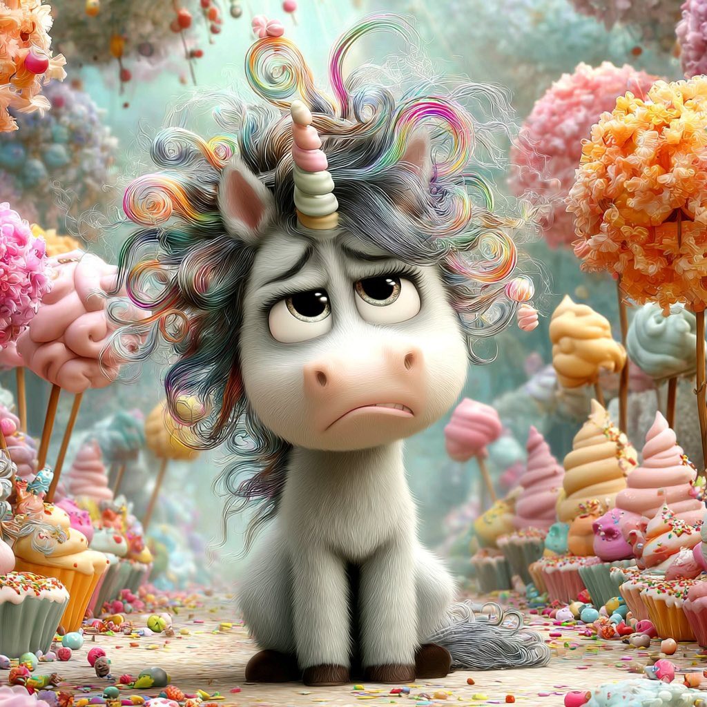 Sad cartoon unicorn in a pastel candy land with cupcakes, lollipops, and fluffy dessert trees