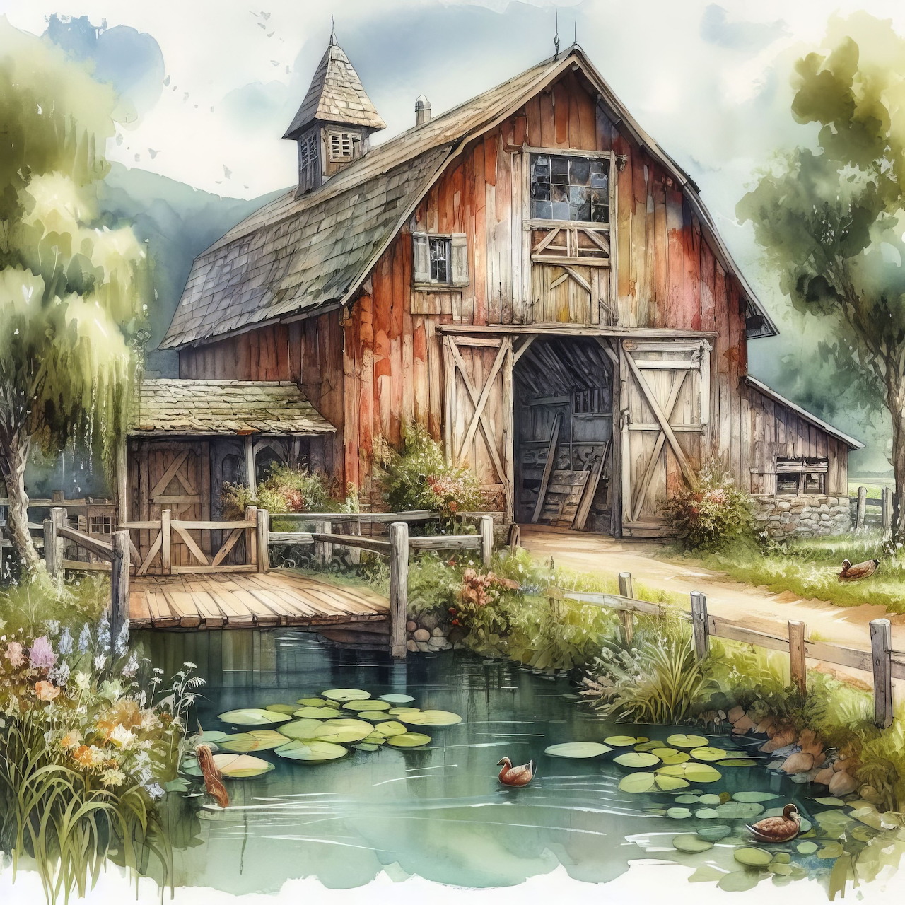 Watercolor painting of weathered red barn beside peaceful pond with lily pads and flowers