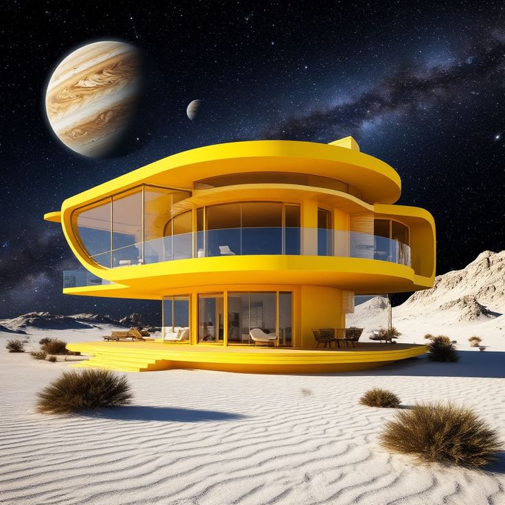 Futuristic yellow house on a sandy alien planet under a starry sky with a large planet above