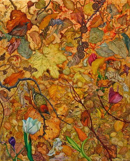 Detailed painting of autumn leaves, vines, and flowers in warm earthy colors