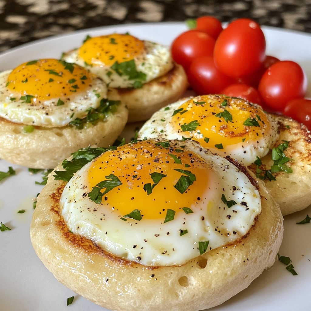 English muffins topped with fried eggs, herbs, and cherry tomatoes on white plate
